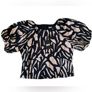 (NWT) DKNY - Women’s Abstract Print Puff Sleeve Linen Blend Blouse